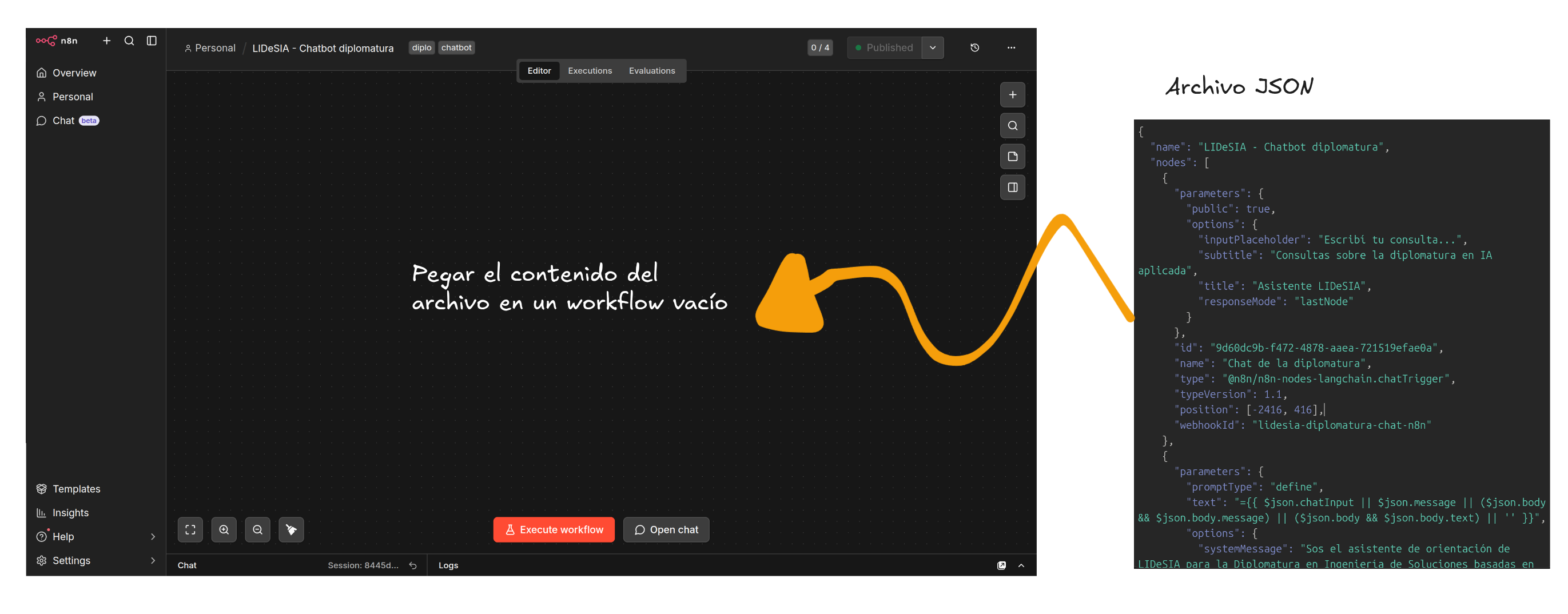 Pantalla de n8n mostrando cómo copiar o importar el JSON del workflow.
